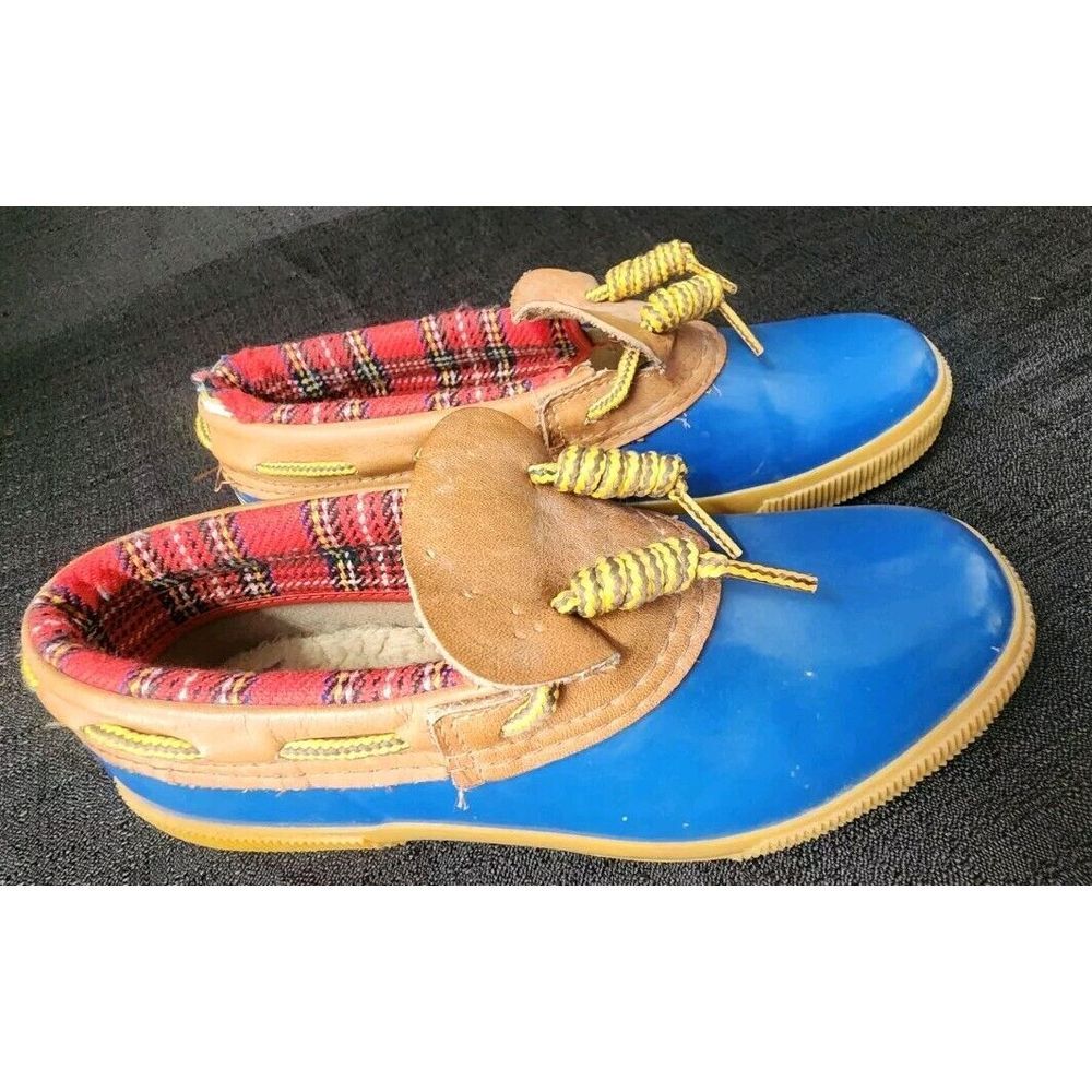 Vintage Lands End Duck Boots Low Blue Tan Leather Fur Flannel Lining Womens Sz 5